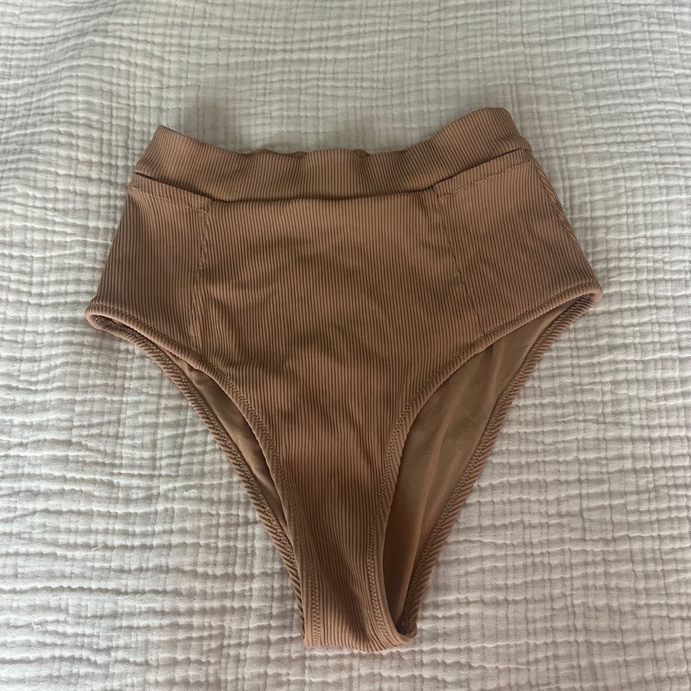 Aerie High Waisted Cheeky Ribbed Bikini Bottoms Tan/Brown Size Small